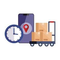 boxes over cart gos mark clock and smartphone vector design