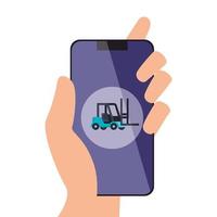 Isolated delivery forklift inside smartphone vector design