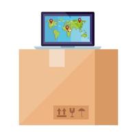 Isolated delivery box and laptop with map vector design