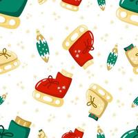 Seamless pattern with cute cartoon skates and Christmas decorations.  Sports equipment for skating. Winter illustration for fabric, textile, wrapping paper. vector