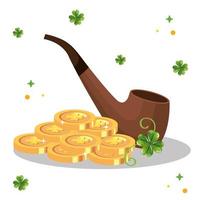 smoking pipe with coins and clovers decoration vector