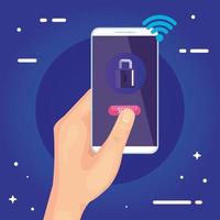 hand holding smartphone with padlock of security system vector design