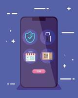 shield padlock store and qr code inside smartphone vector design