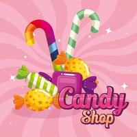cartel de tienda de dulces con caramelos vector