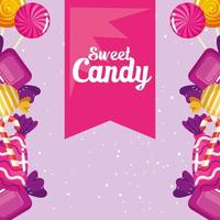 cartel de tienda de dulces con caramelos de marco. vector