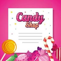 tarjeta de la tienda de dulces con deliciosos caramelos vector