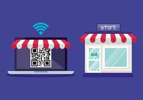 qr code inside laptop and store vector design