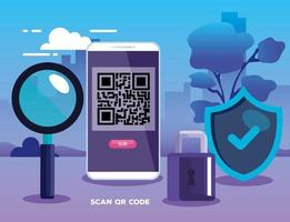 qr code inside smartphone lupe shield and padlock vector design