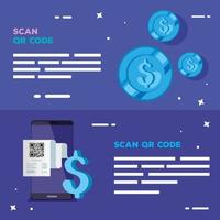 qr code paper smartphone dollar and coins vector design