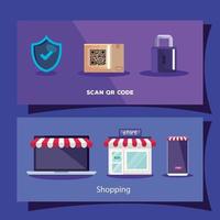 qr code box shield padlock laptop store and smartphone vector design