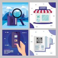 qr code paper store padlock smartphone and lupe vector design