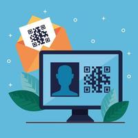 qr code inside computer envelope and leaves vector design