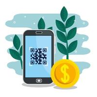 código qr dentro de hojas de teléfonos inteligentes y diseño de vectores de monedas