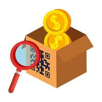 qr code over box lupe and coins vector design