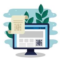 qr code inside computer leaves and receipt paper vector design