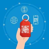 hand holding qr code label and icons vector design