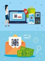 qr code inside envelope bills laptop and woman vector design