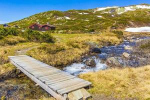 pequeño puente de madera y sendero sobre el río, n hemsedal, noruega.