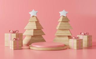 Podio navideño con árboles y regalos de madera.