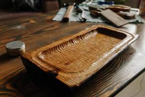 handmade oak fruit tray. woodcarving photo