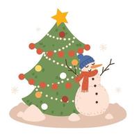 christmas snowman and tree vector