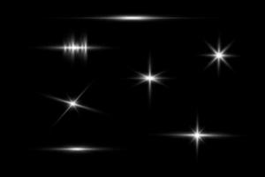 Desenfoque de elemento de luz de flash sobre fondo negro. vector de estrellas brillantes efecto de brillo. plantilla de diseño de vector de luz intermitente