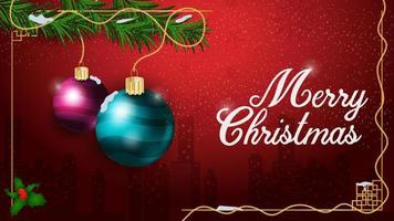 banner for the design of festive New Year and Christmas design two Christmas balls hanging on fir branches against the background of the night city in red background vector