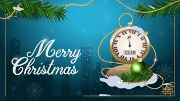 banner for the design of festive New Year and Christmas design the clock with the time of the holiday is standing in the snow against the background of the city vector