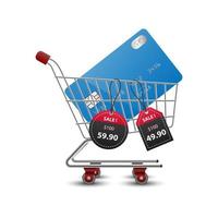 Shopping carts with credit card and 3D paper price tags sale, vector illustration