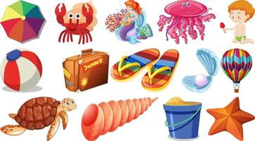 Set of summer beach objects and cartoon characters vector