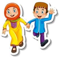 Plantilla de etiqueta con un par de niños musulmanes personaje de dibujos animados aislado vector