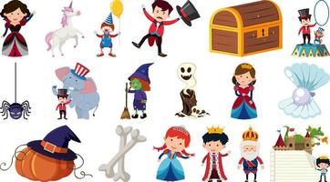 Set of isolated fairytale cartoon characters and objects vector