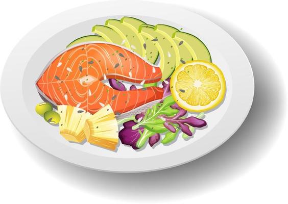 Healthy meal with salmon steak on white plate