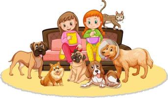 Two girls sitting on sofa with their pets vector