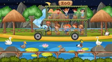 Safari at night scene with children watching duck group vector