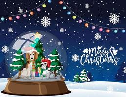 Cute dogs in snowdome on snow falling background vector