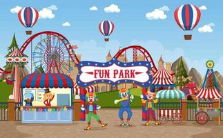 Amusement park scene with ferris wheel and circus dome vector