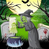 Dark forest scene with wicked old witch vector