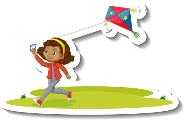 A girl playing kite cartoon character sticker