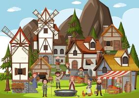 Medieval town scene with villagers vector