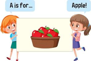 Cartoon character of two kids spelling fruit vocabulary vector