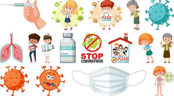 Cartoon character and Coronavirus vaccination isolated objects