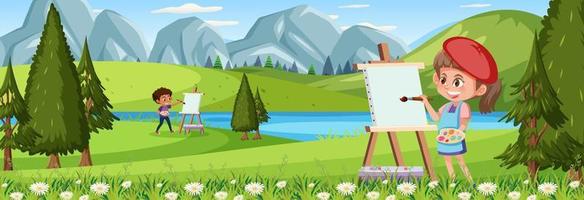 Panorama de la escena del paisaje con una niña artista pintando en el parque vector