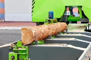 A large pine log is mounted on a modern woodworking machine. photo