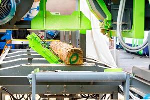 With the help of special hooks on a modern woodworking sawmill, the log is automatically turned over for further sawing, close-up. photo