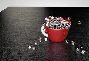 Metal cubes fill a red cup on a black textured table 3D illustration photo