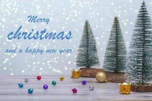 Winter background with Christmas trees in sparkles with Christmas decor. copy space. Merry christmas and a happy new year. Happy Holidays. photo