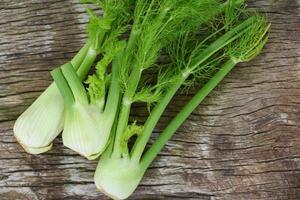 Fennel vegetable from the garden , Fresh raw fennel bulbs ready to cook on food wooden kitchen background.