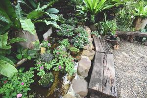 Water stream or Small waterfall decorate front yard - nature garden with plant tree flowers in the asian with a pond park photo