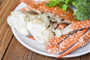 Carne de cangrejo - garras y patas de cangrejo cocidas en un plato blanco y salsa de mariscos en la mesa, cangrejo azul nadando